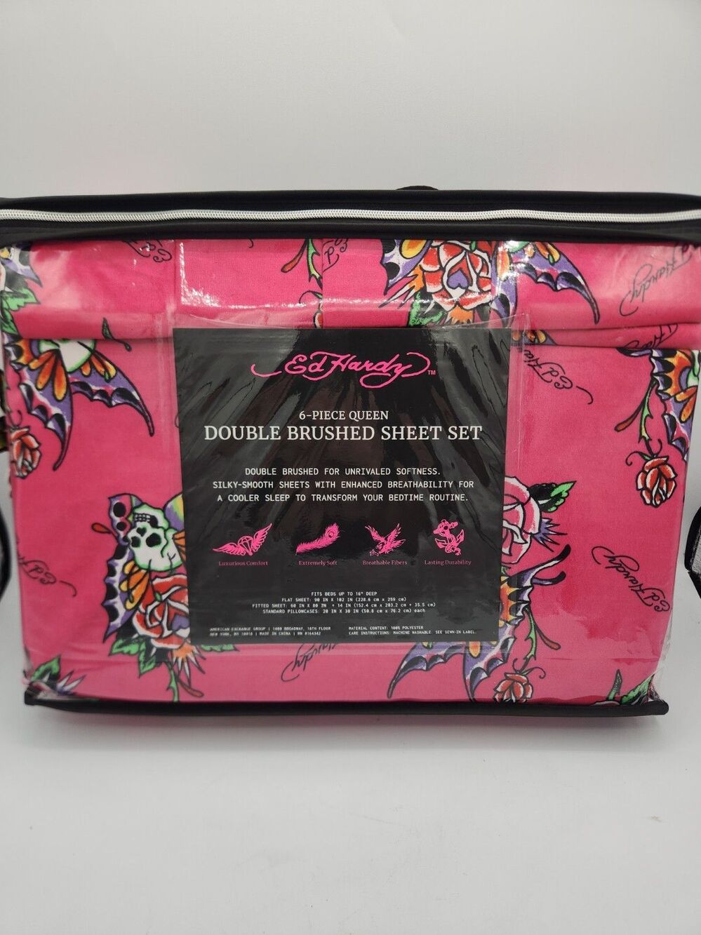 Ed Hardy Pink with Skull Butterflies & Roses 6pc QUEEN Sheet Set w/4 Pillowcases - Picture 3 of 4